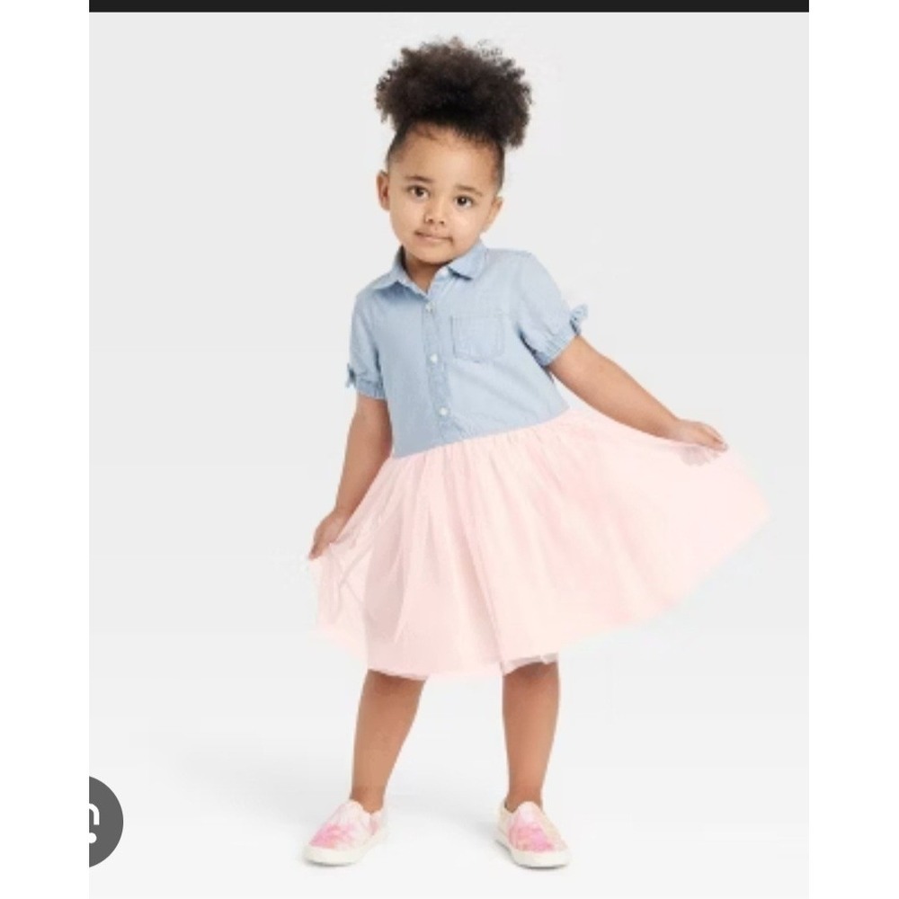 Oshkosh Chambray & Baby Pink Tulle Dress Size 4T Purple Layer Inner Skirt